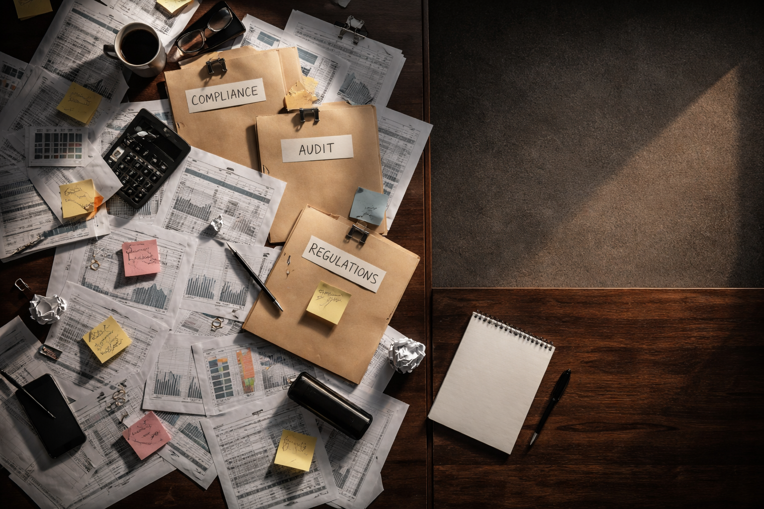 Fragmented compliance documentation stack representing manual processes